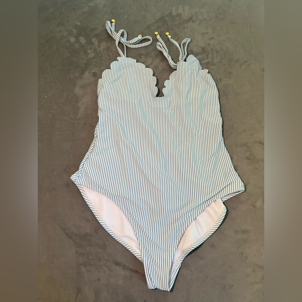 Jessica Simpson Under The Sea Scalloped Edge Stripped Halter One-Piece Swimsuit - Picture 8 of 15